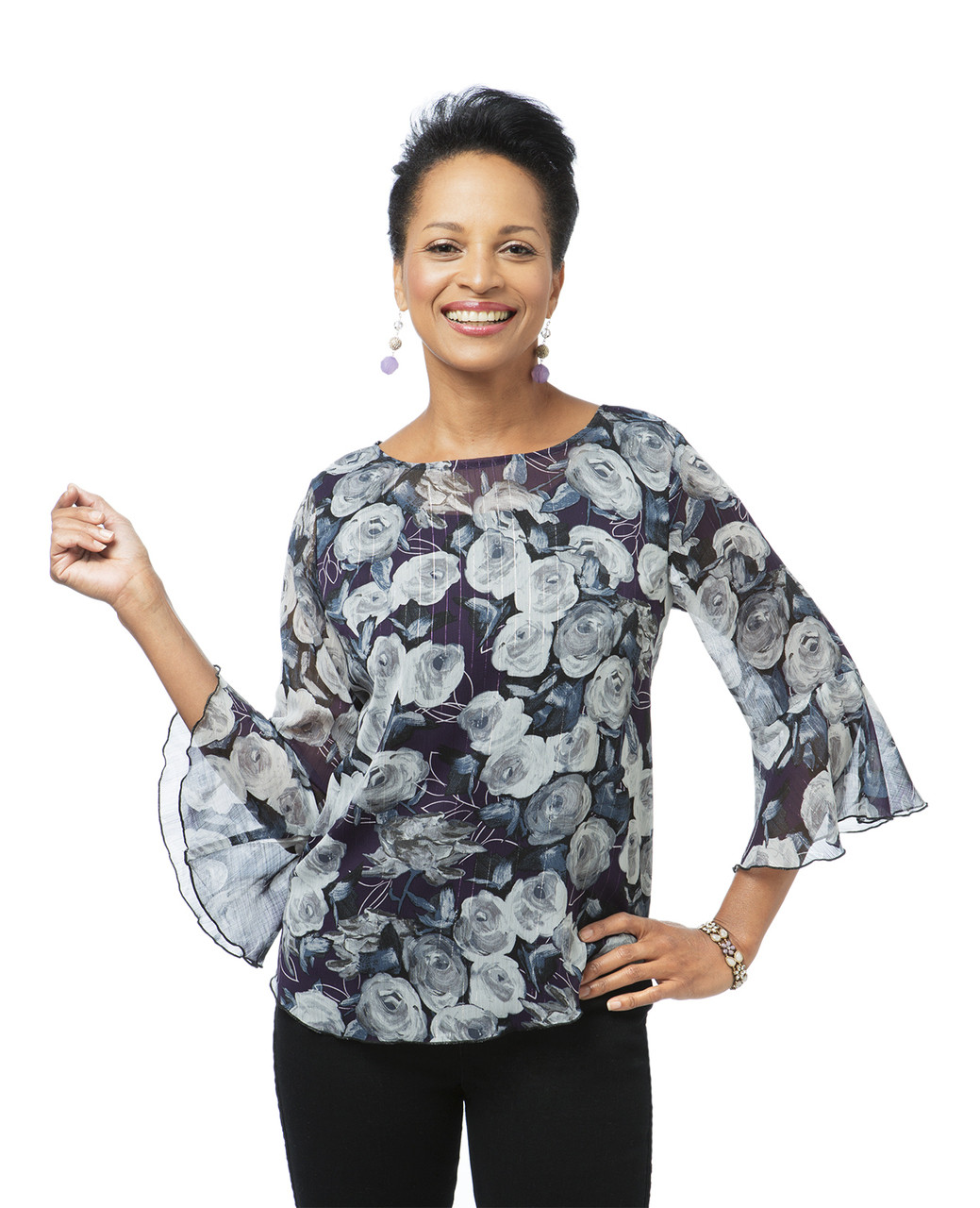 Women's black tulip sleeve chiffon top