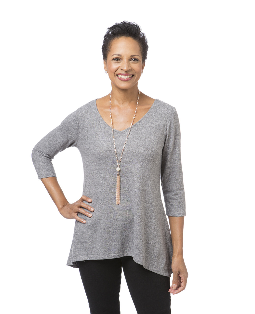 Women's light grey V-neck hacci top