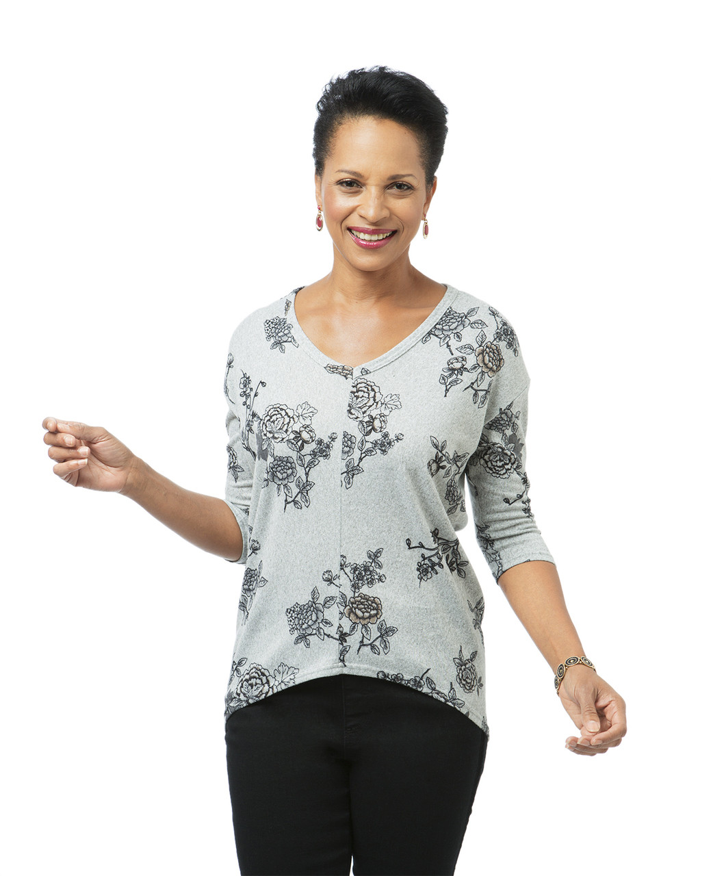 Women's grey high-low V-neck knit top