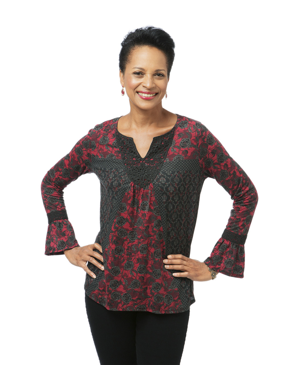 Women's black and red bell sleeve lace top