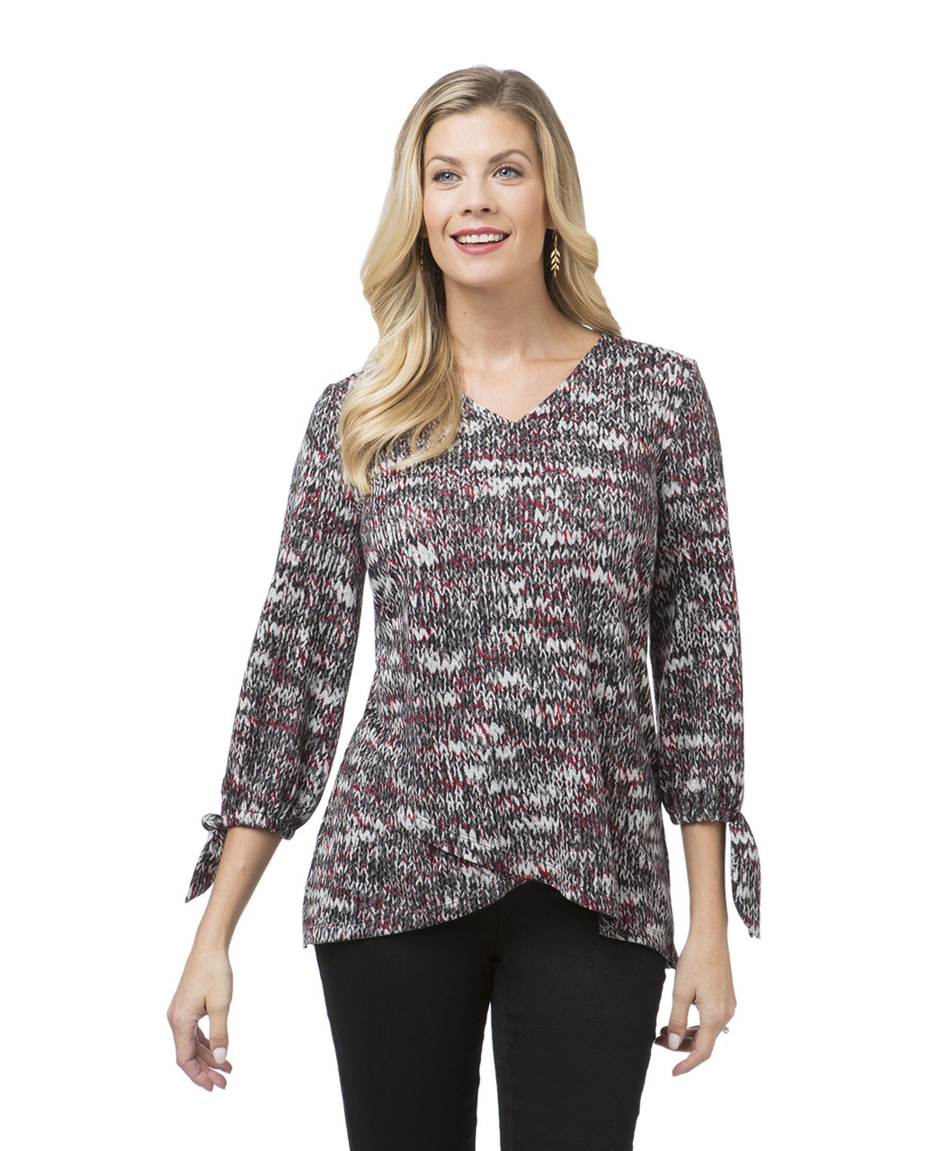 Women's grey V-neck sweater with crossover hem