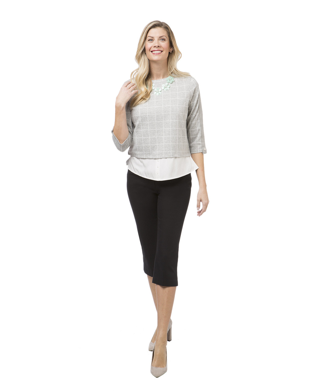 Women's grey windowpane print top