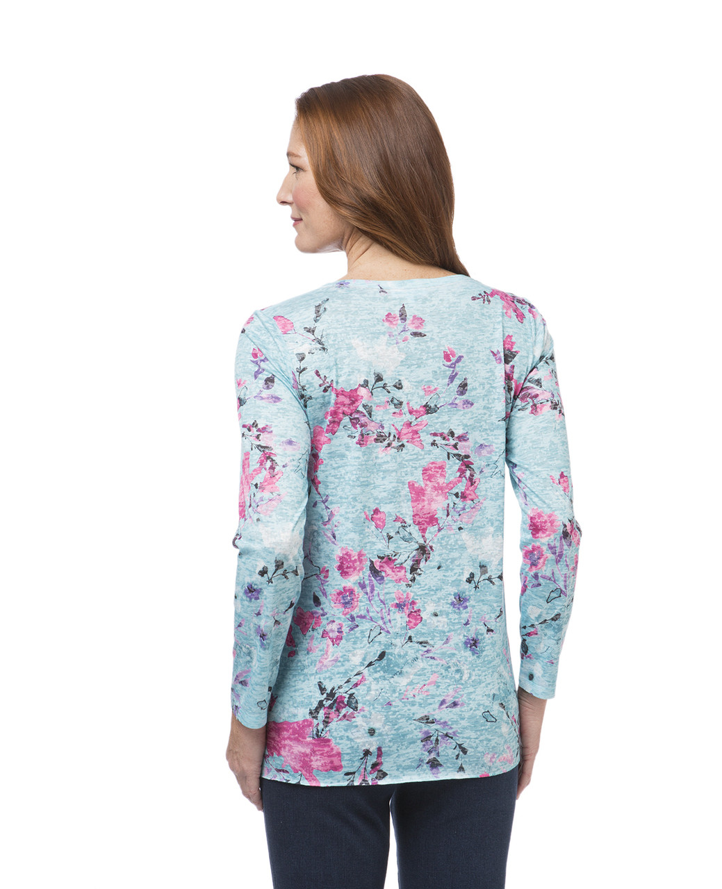 Women's aqua long sleeve floral print top