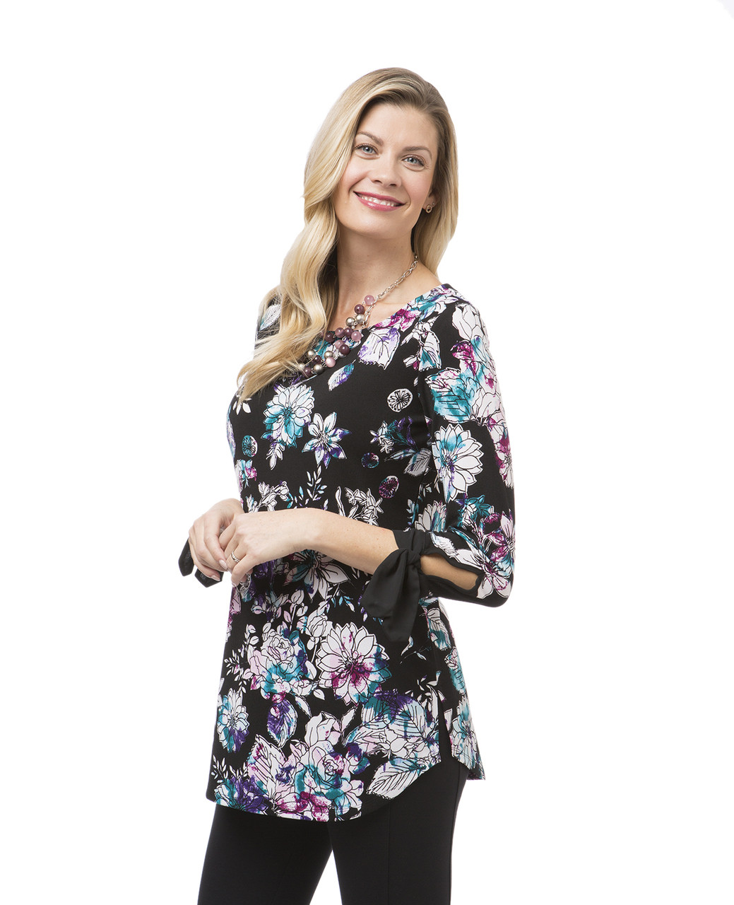 Women's black floral print tunic top