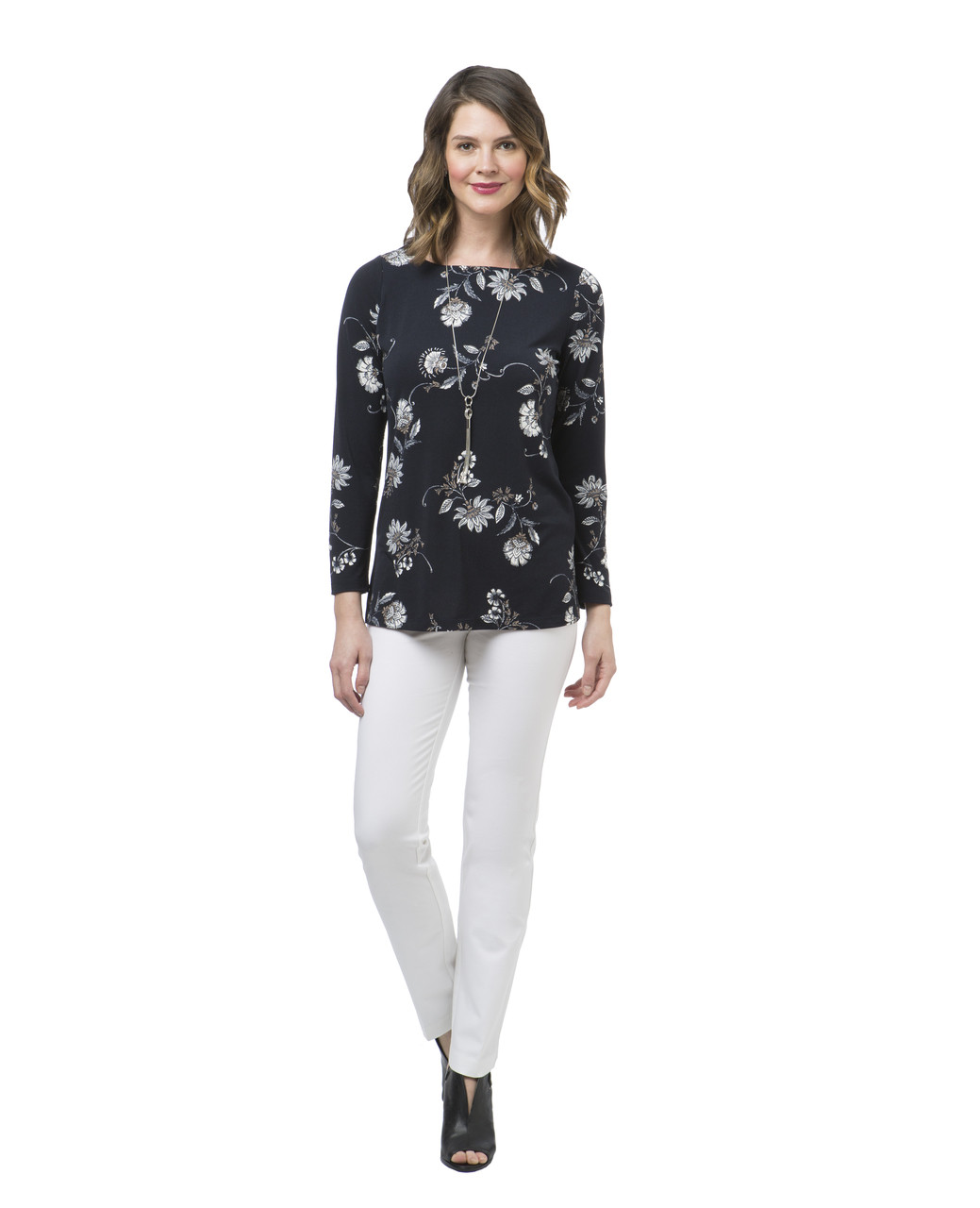 Women's petite navy floral print top