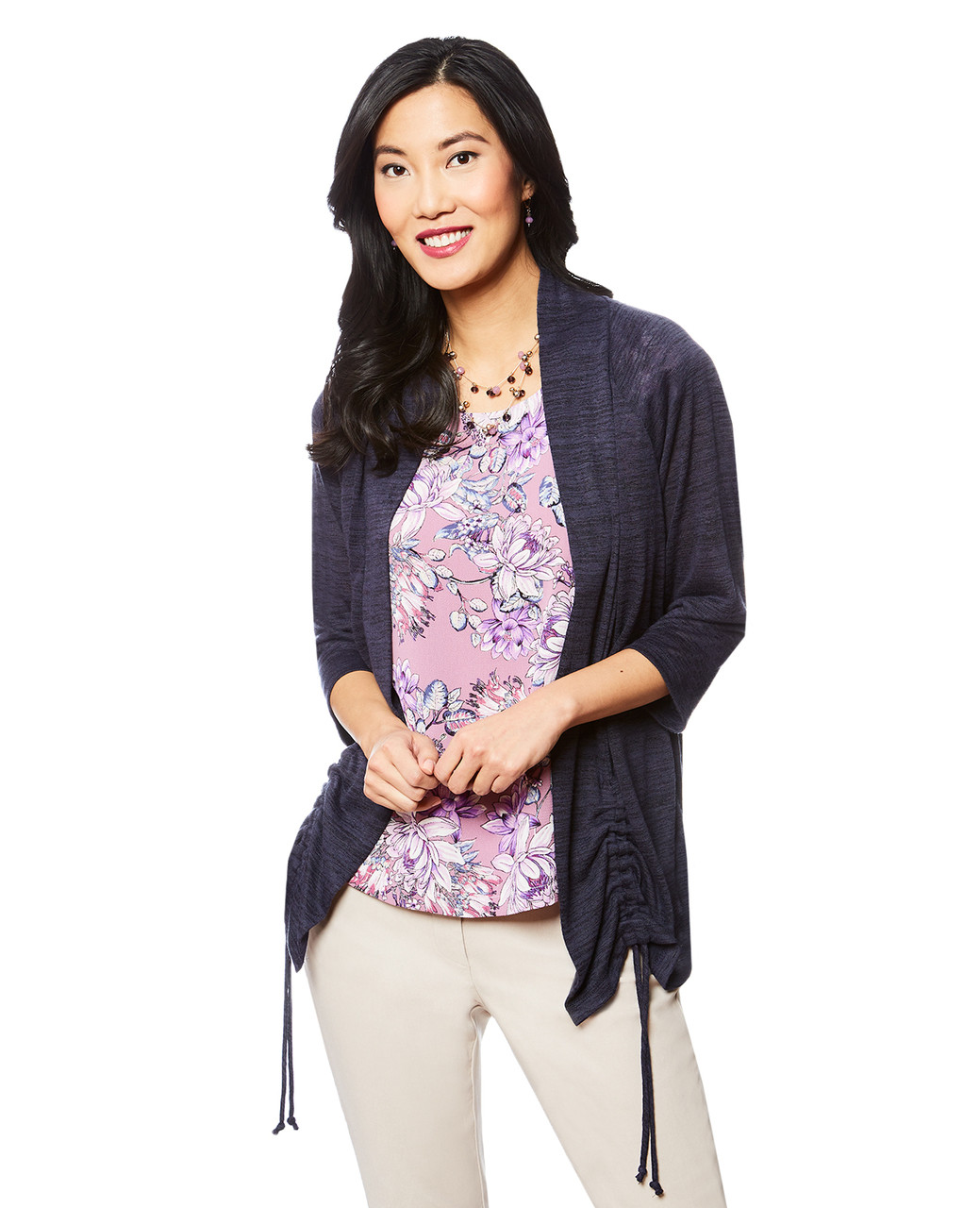 Women's blue three-quarter sleeve cardigan