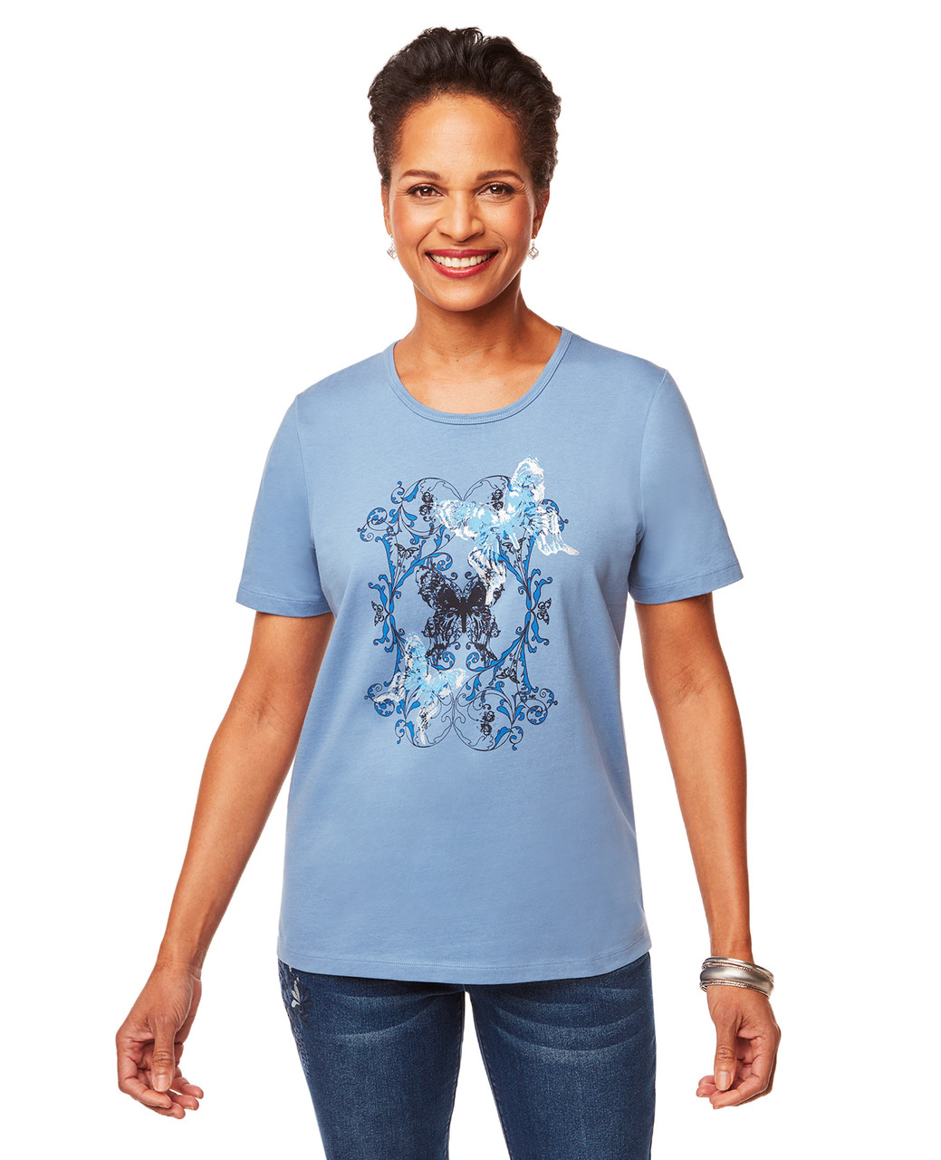 Women's blue butterfly crew neck t-shirt