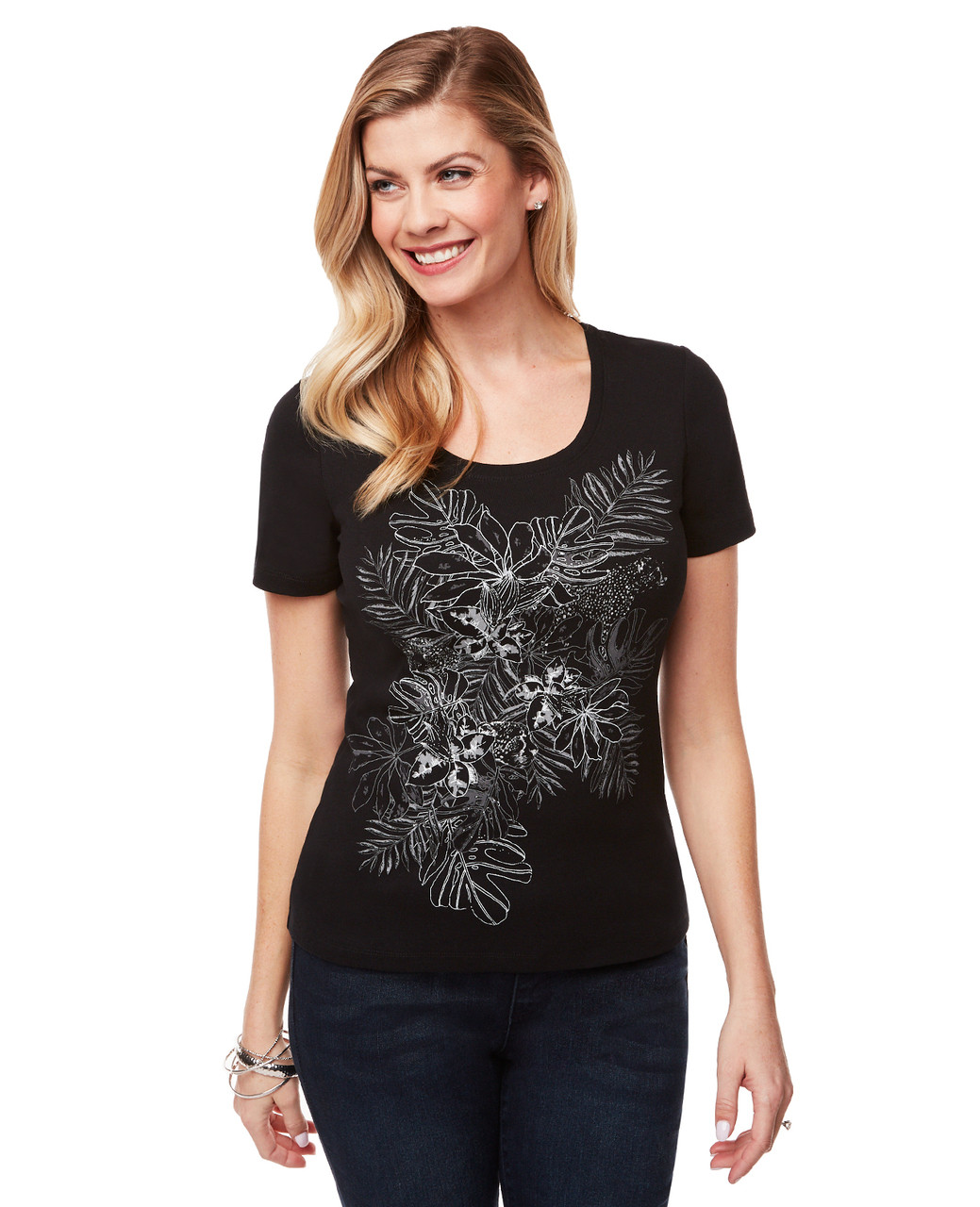 Women's black printed scoop neck t-shirt