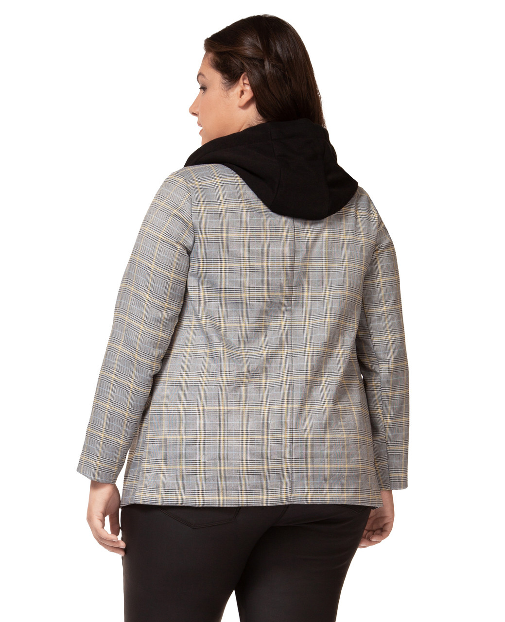 Plus Women's plaid black hooded blazer