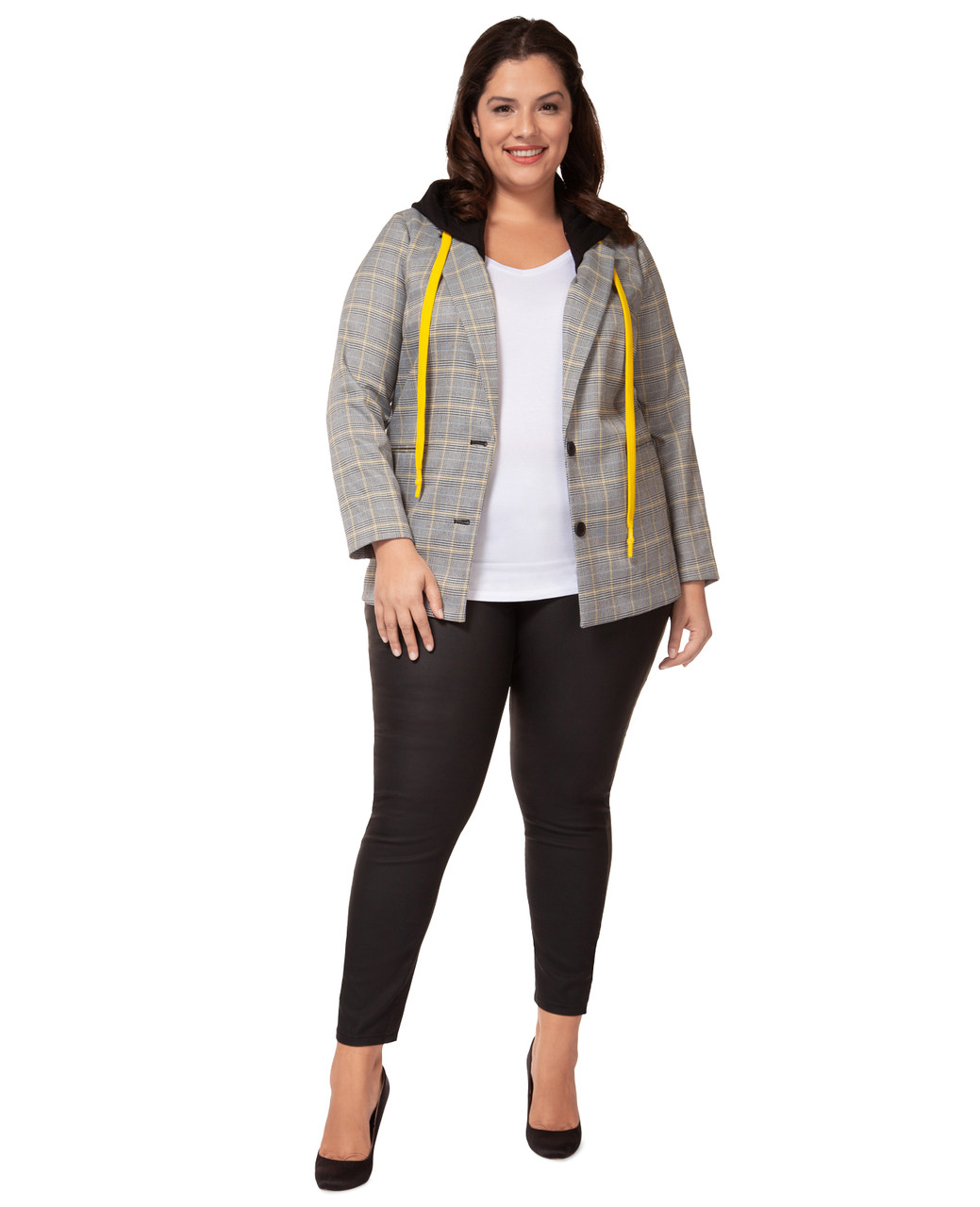 Plus Women's plaid black hooded blazer