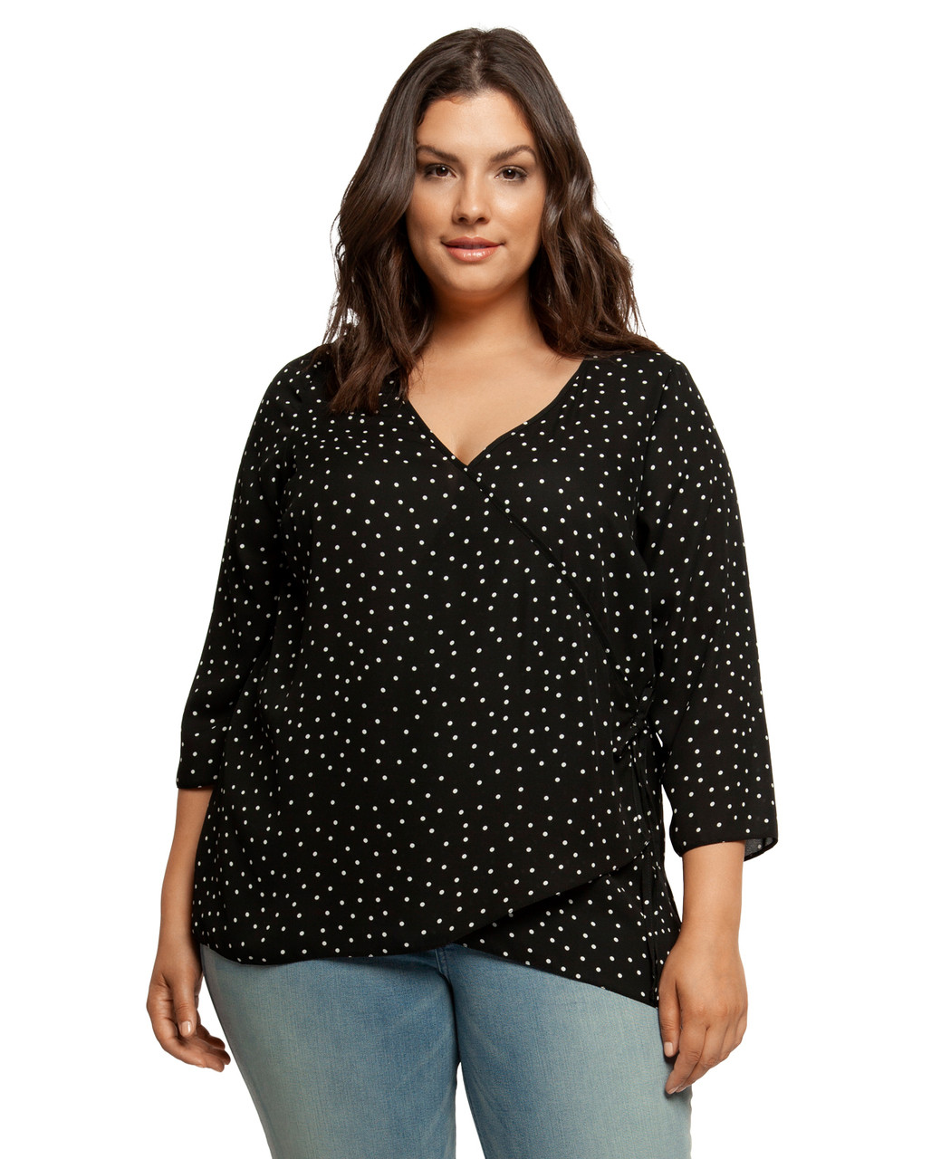 Plus Women's Black polka dot faux wrap blouse 