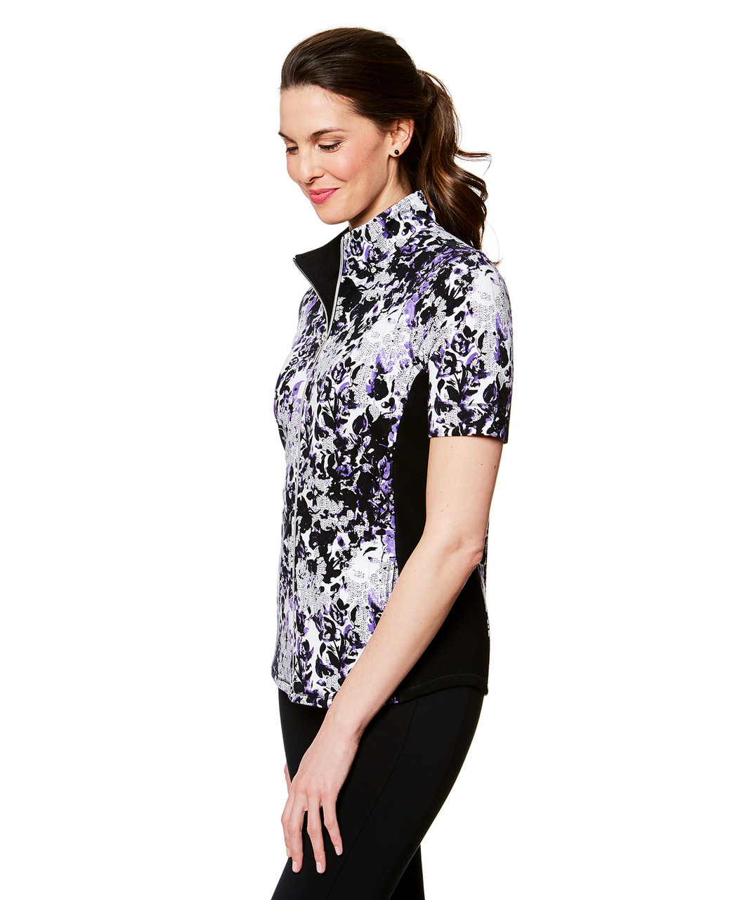 Women's black short sleeve zip-up jacket