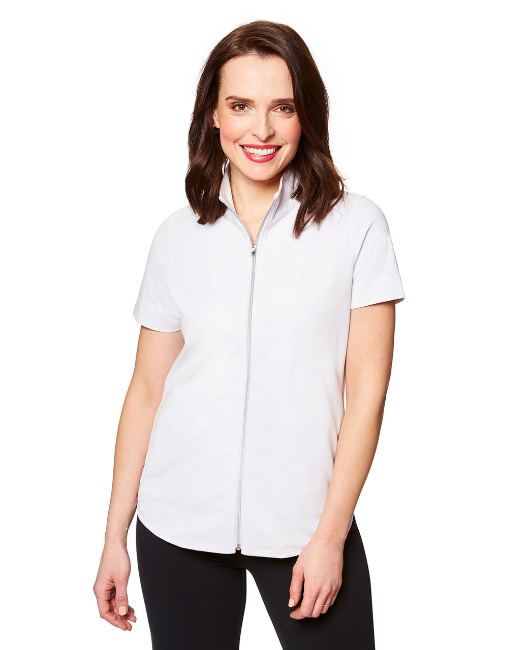 Women's white short sleeve jacket with mesh detail