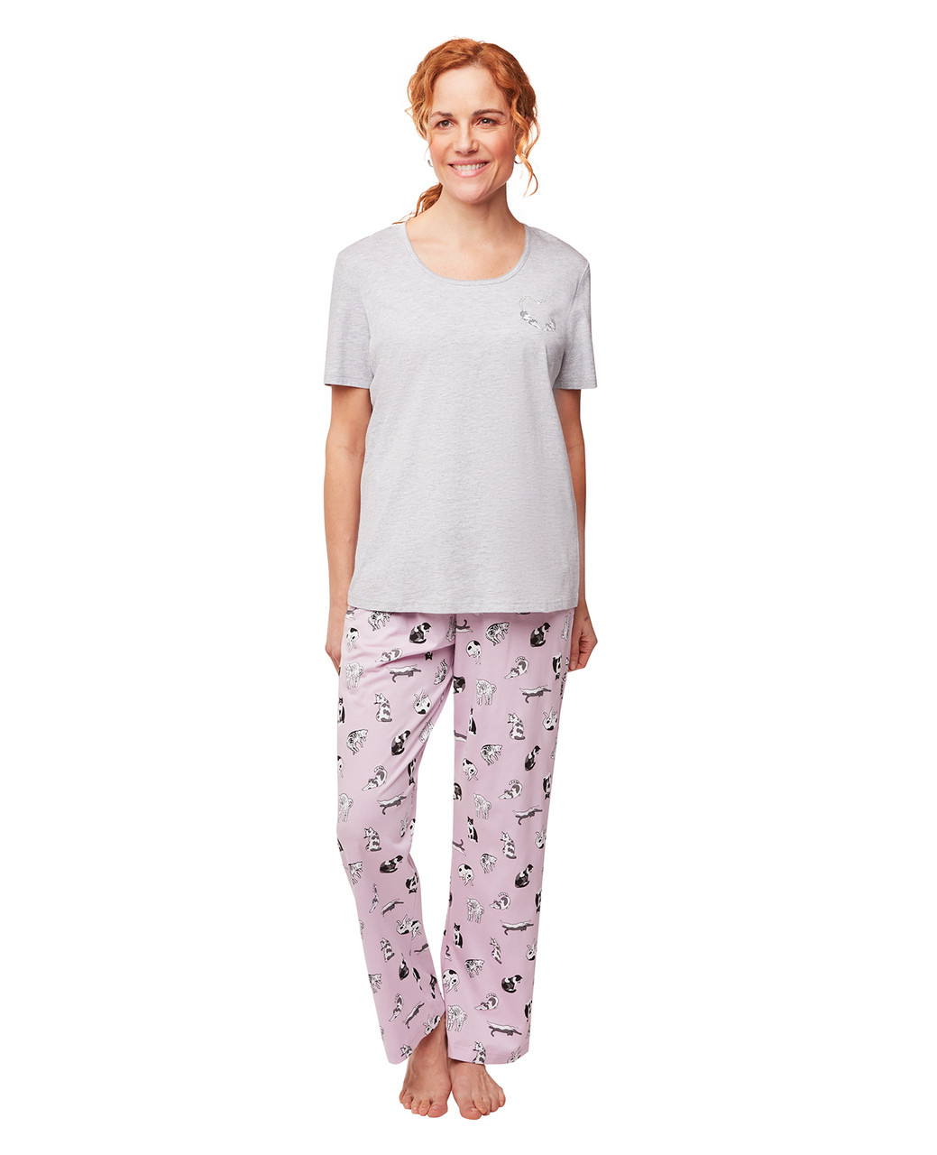Women's grey cat print pajama set