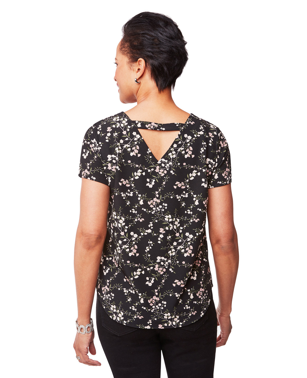 Women's black short sleeve crepe top