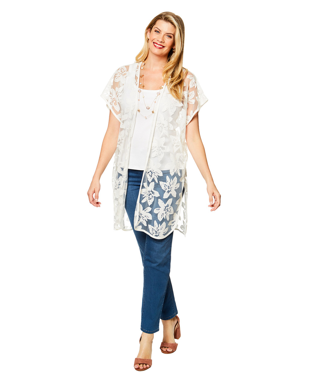Women's white floral burnout kimono