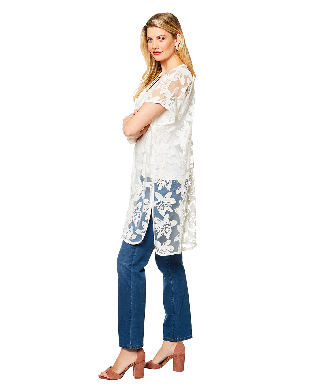Women's white floral burnout kimono