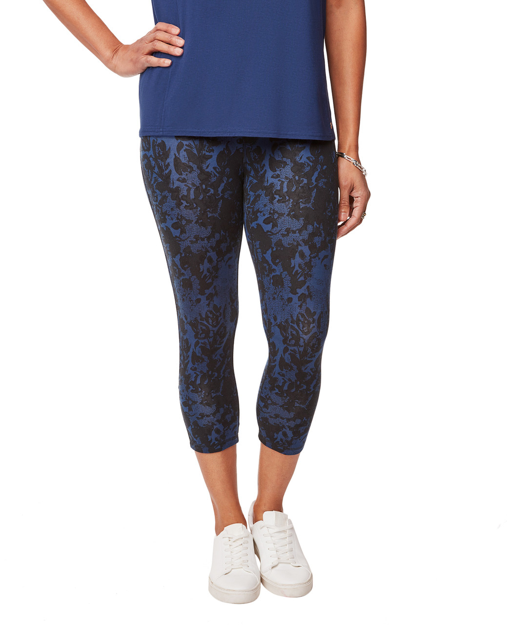 Women's navy printed leggings with solid panel