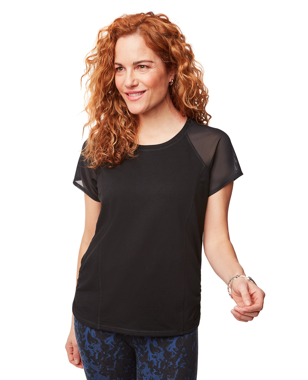 Women's black mesh sleeve ruched top