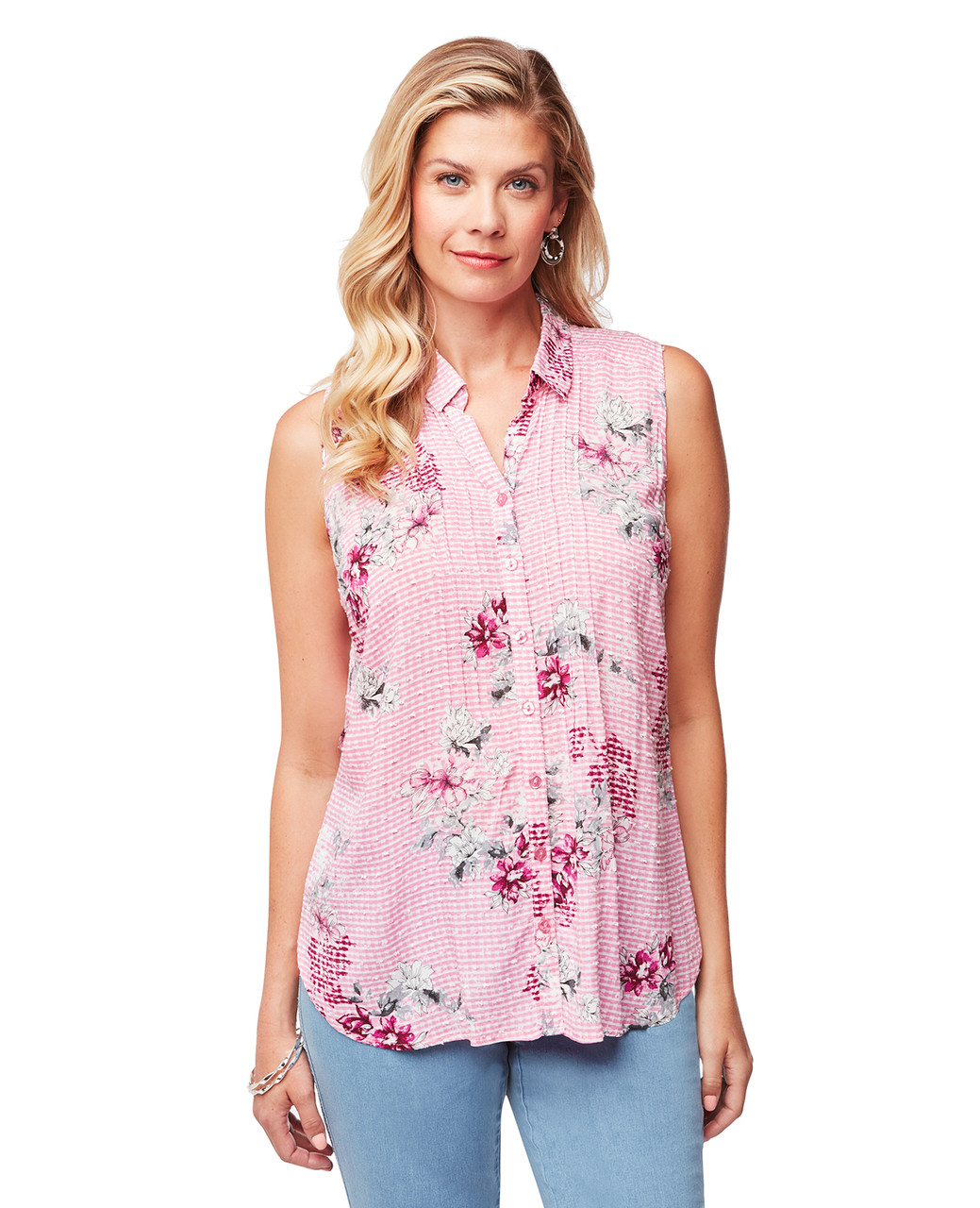 Women's candy pink floral gingham swiss dot shirt