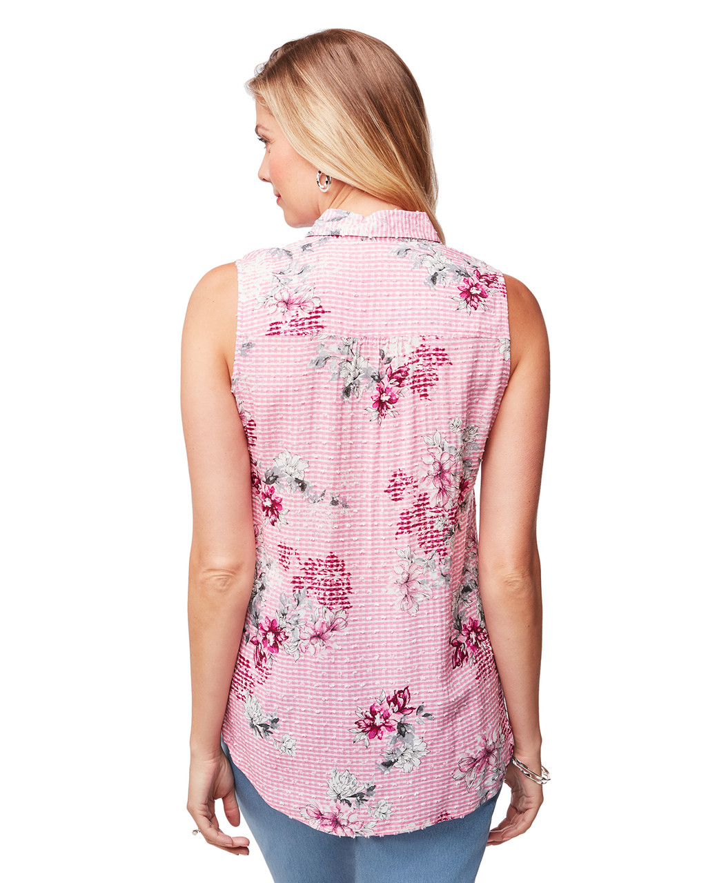 Women's candy pink floral gingham swiss dot shirt