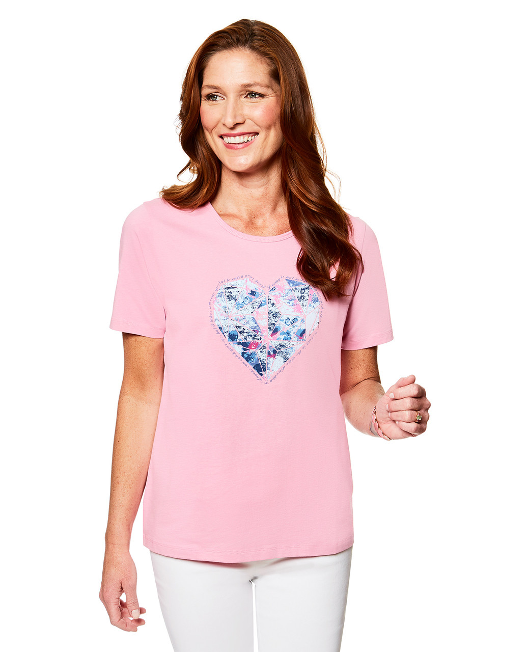 Women's pink heart print crew neck t-shirt