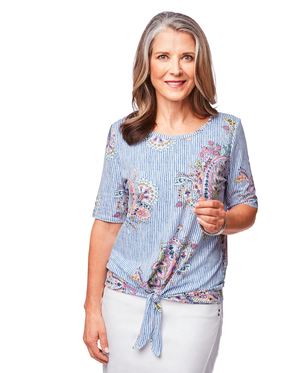 Women's stripe floral tie front tee