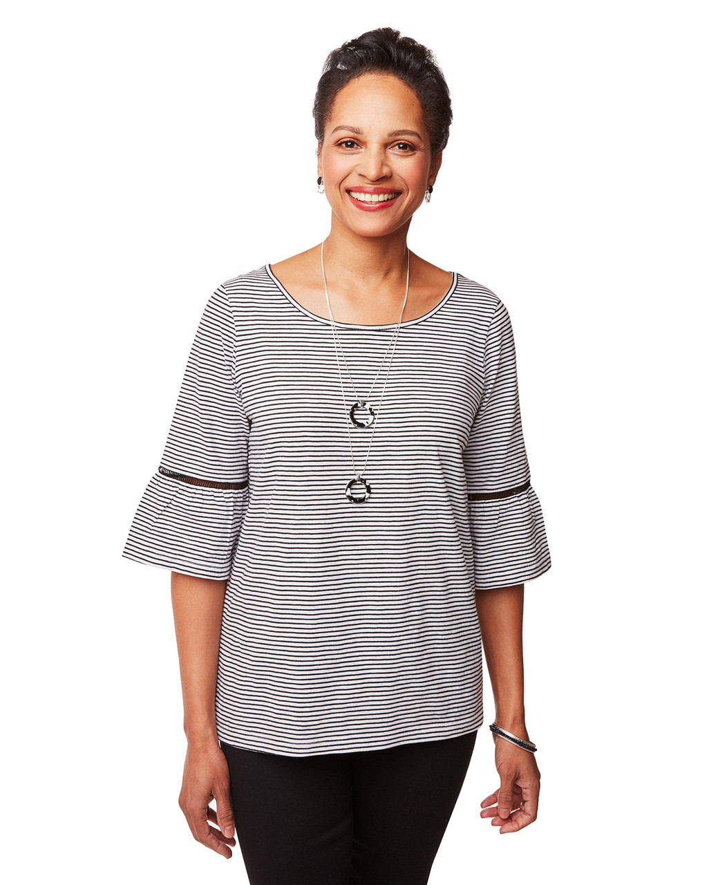 Women's white stripe bell sleeve top