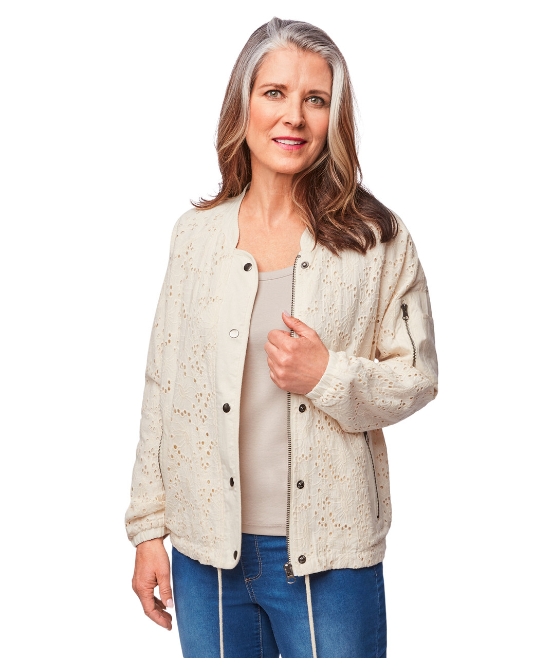 Women's vanilla eyelet embellished bomber jacket
