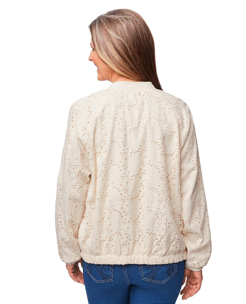 Women's vanilla eyelet embellished bomber jacket
