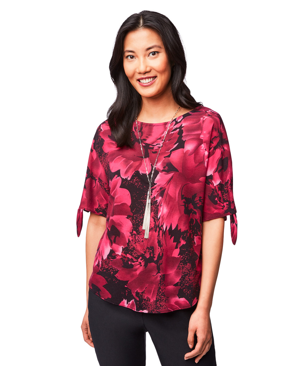 Women's fuchsia pink elbow sleeve slit detail top
