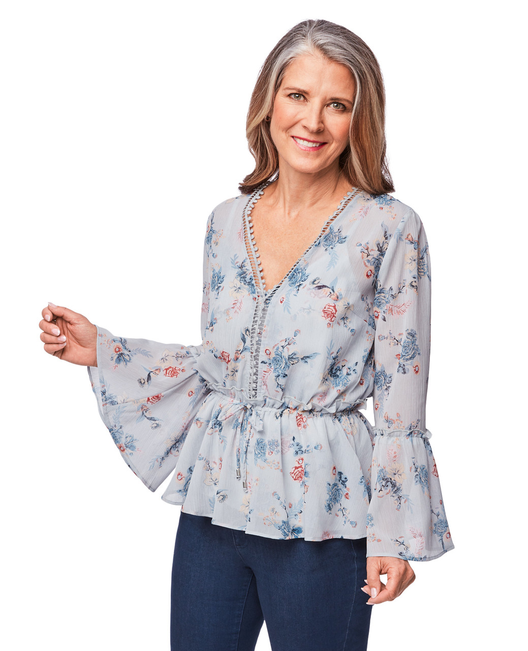 Women's faded blue printed peplum shirt