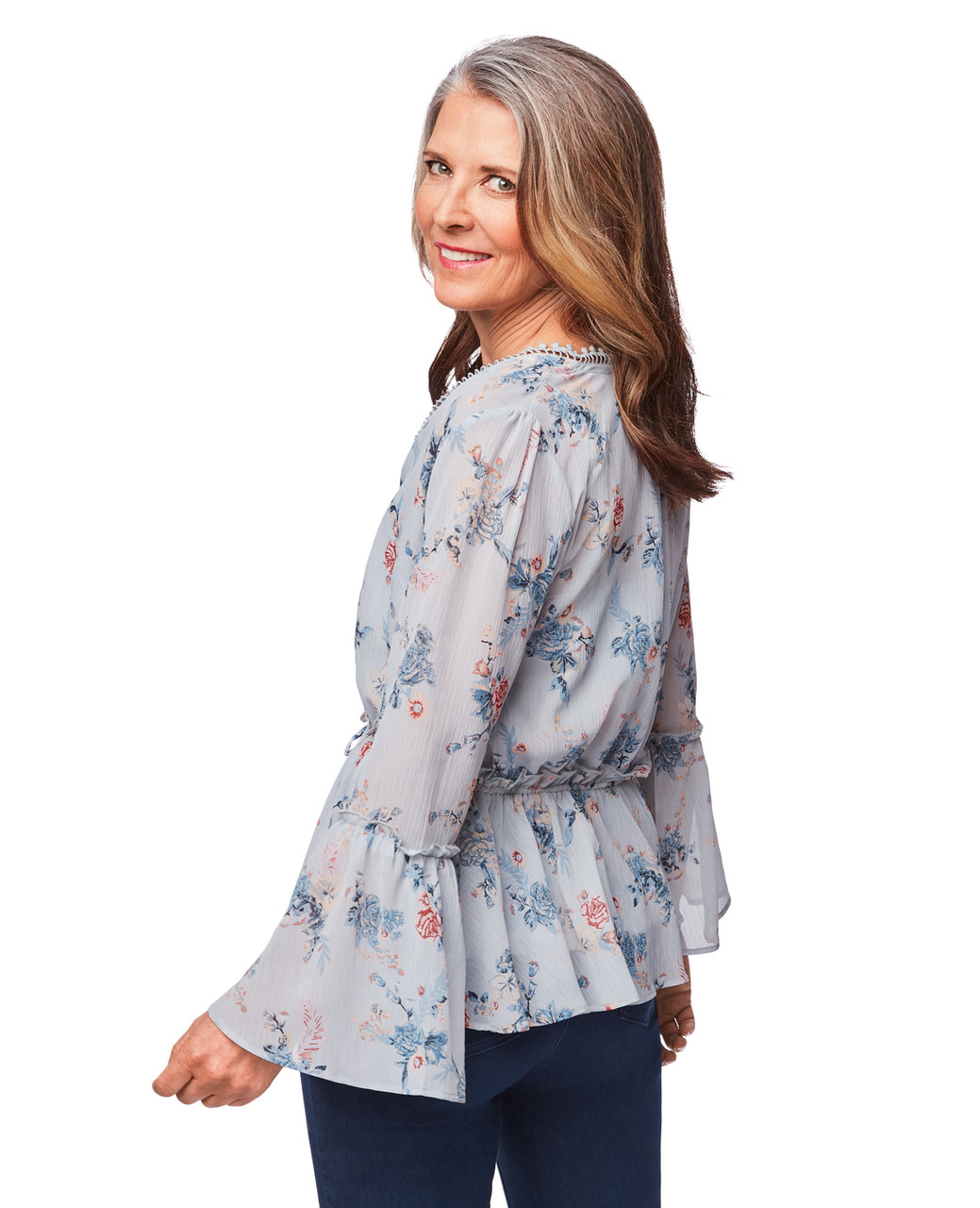 Women's faded blue printed peplum shirt