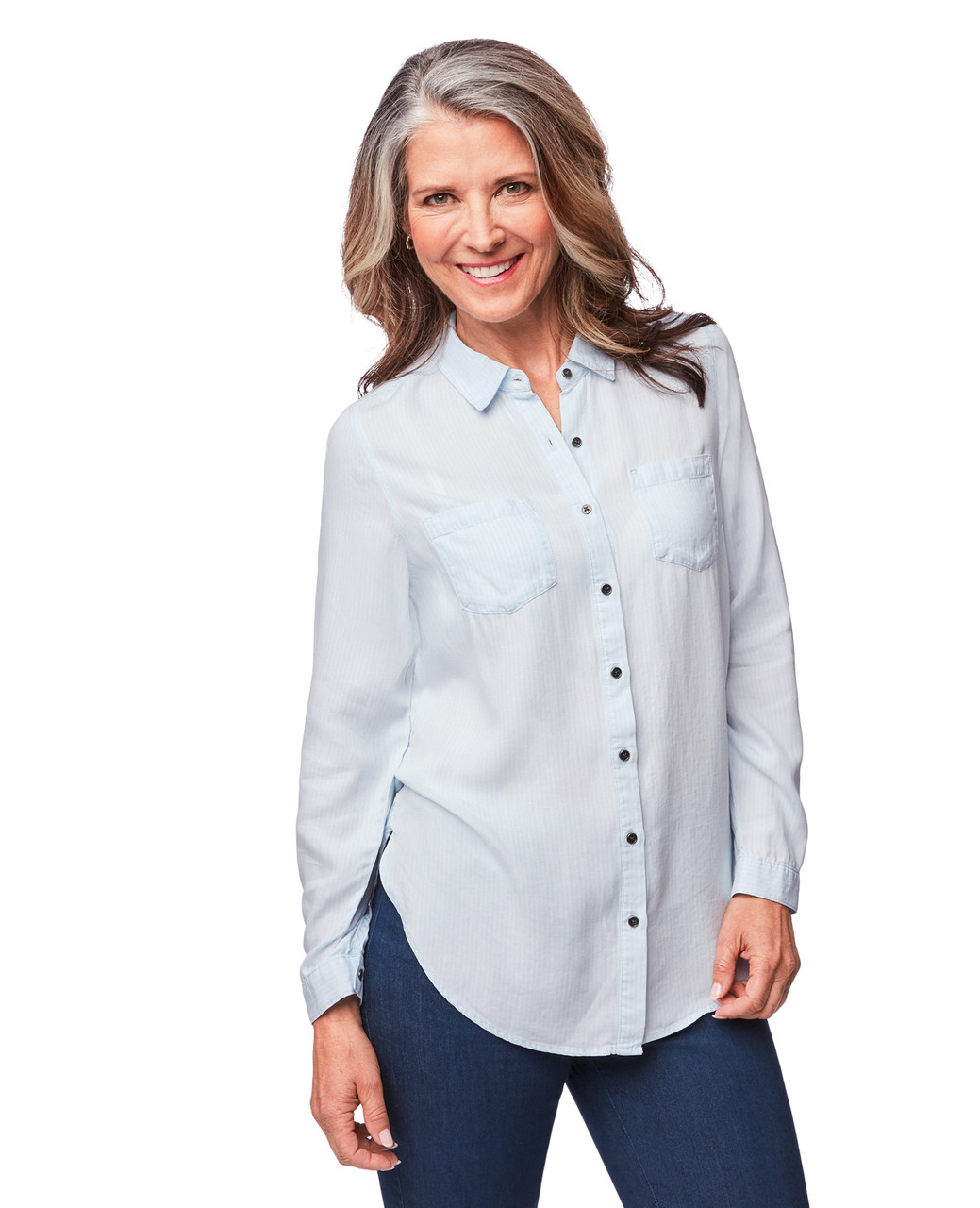 Women's faded blue tie front shirt