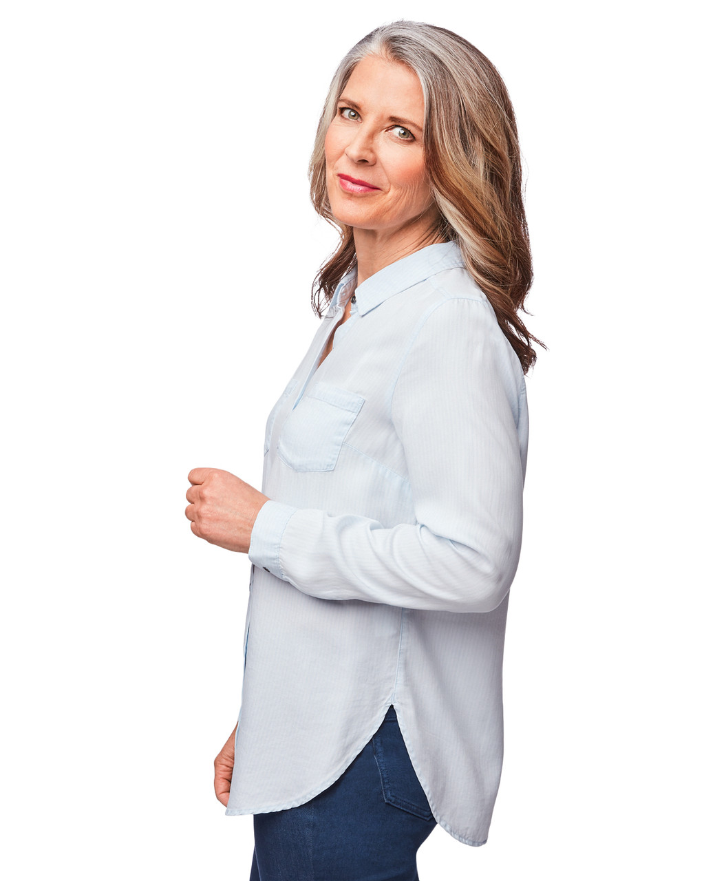 Women's faded blue tie front shirt