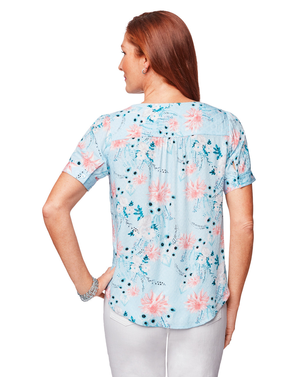 Women's blue short sleeve button front top