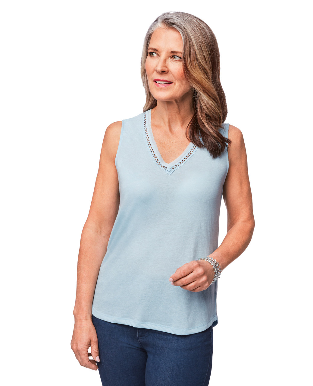 Women's faded blue sleeveless v-neck tee