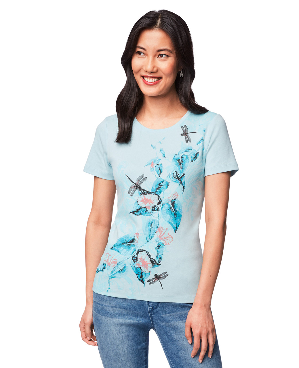 Women's aqua vintage dragonfly short sleeve top