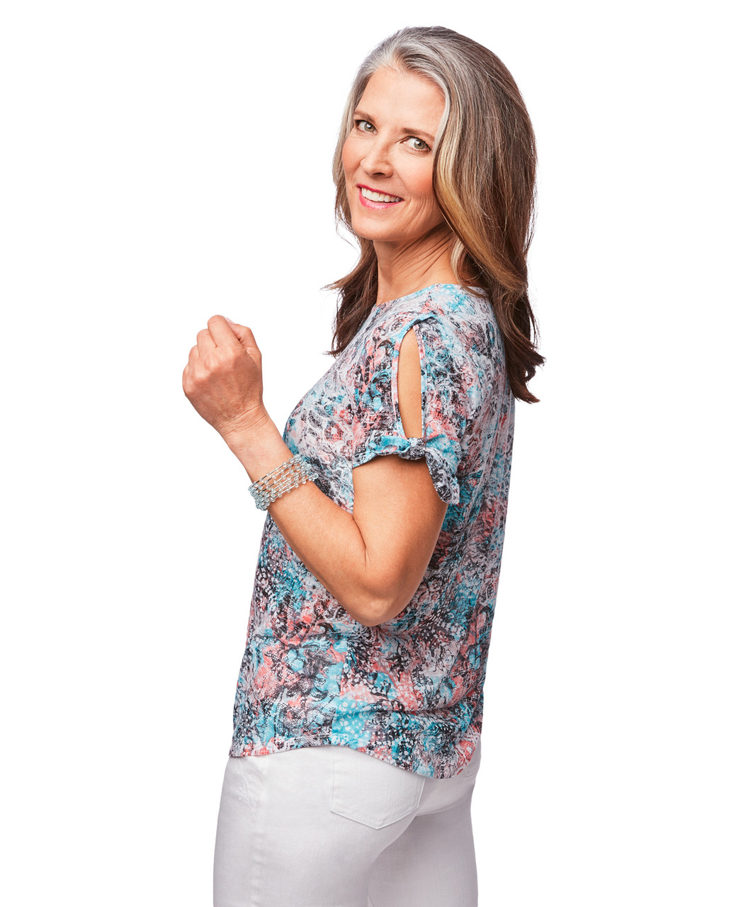 Petite white printed short sleeve top with tie