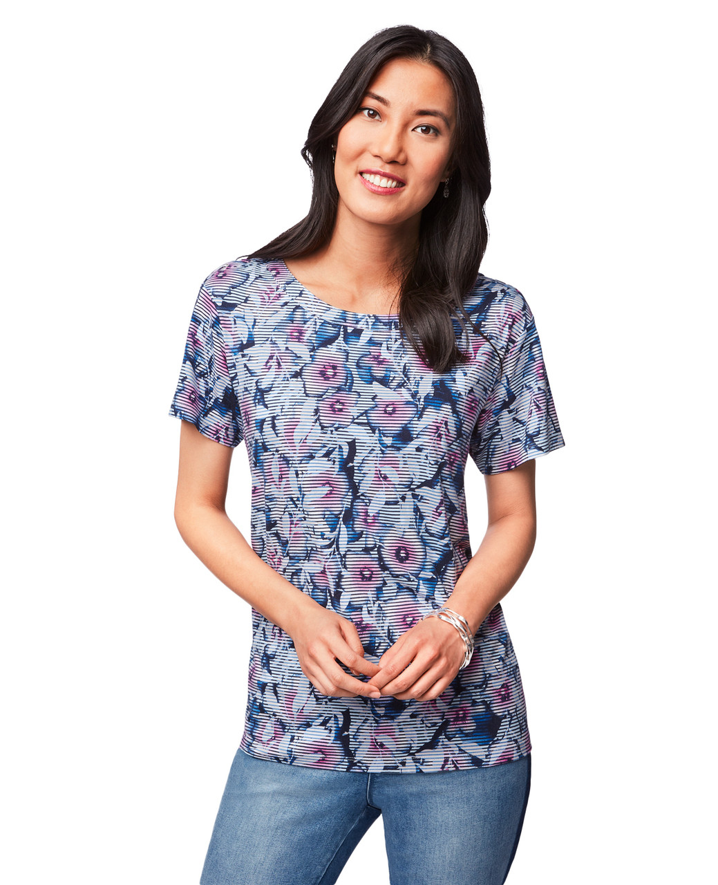 Women's faded blue striped short sleeve top