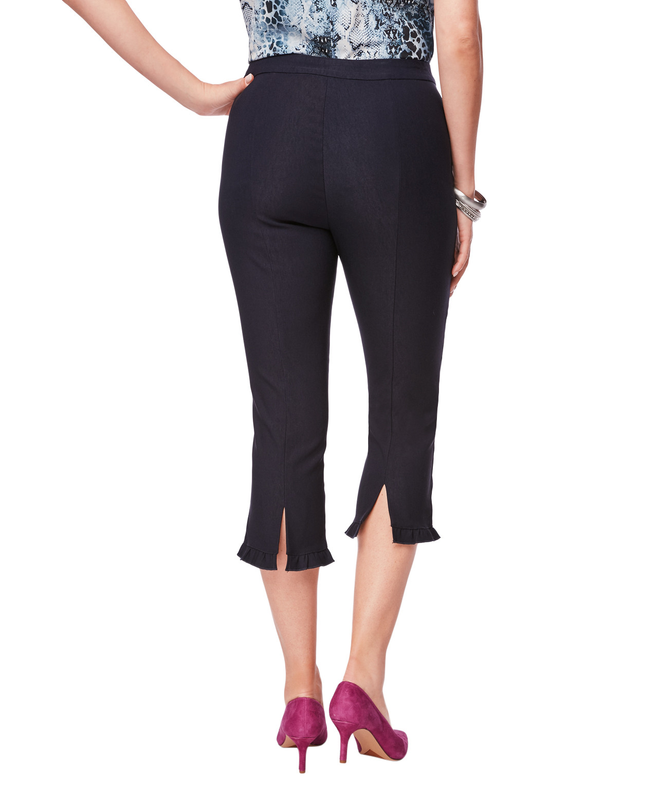 Women's black pull on Capri with ruffle hem