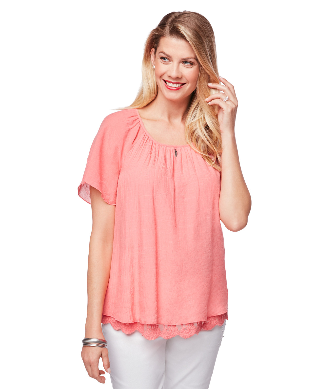 Women's Lace Hem Flowy Popover Top