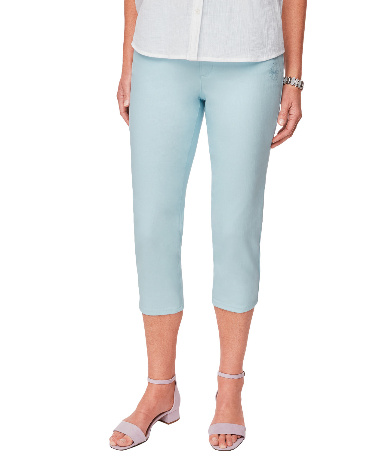 Women's Slim Crop Pant with Embroidery in Aqua Foam