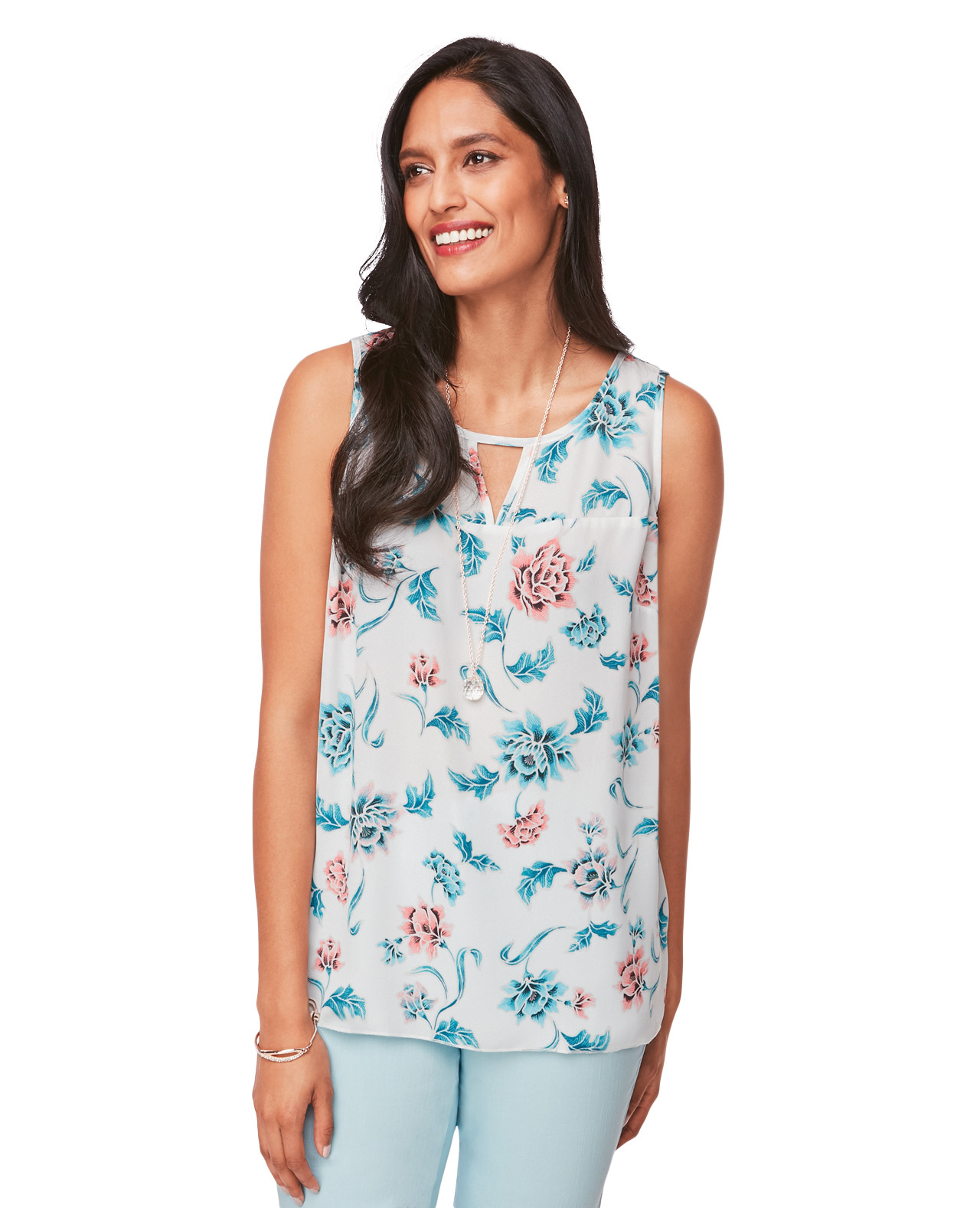 Sleeveless Keyhole Swing Top in Blue and Pink Floral