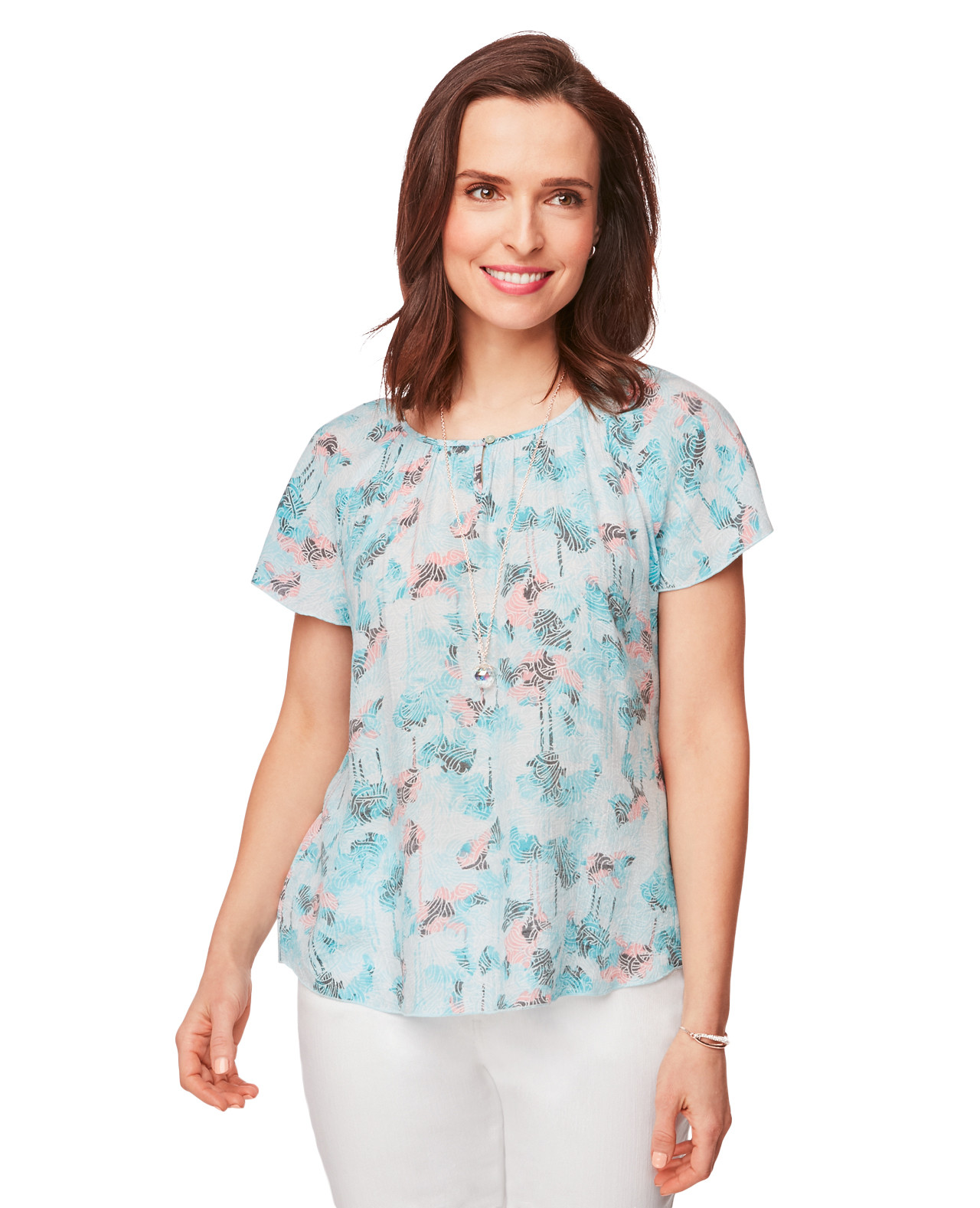 Flutter Sleeve Blouse Top in Turquoise and Coral Swirl Wave