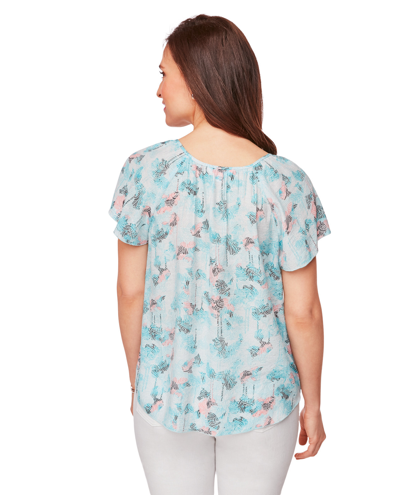 Flutter Sleeve Blouse Top in Turquoise and Coral Swirl Wave