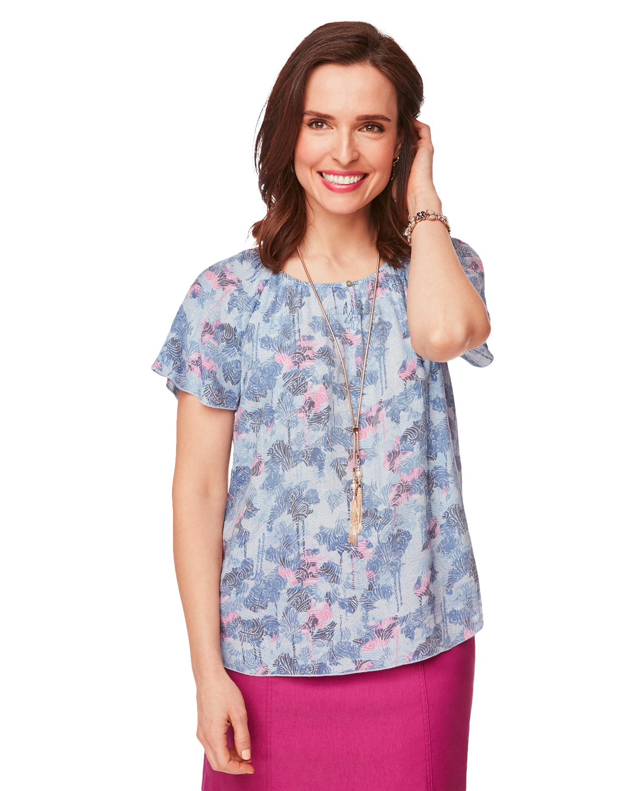 Flutter Sleeve Blouse Top in Blue and Pink Swirl Wave