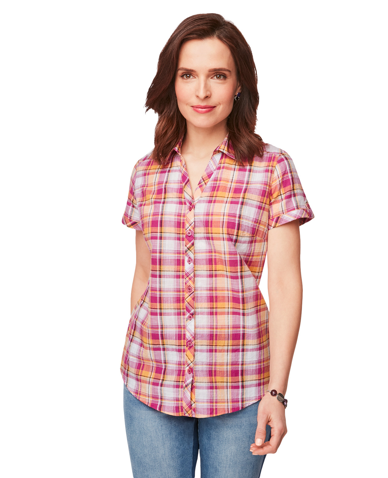 Women's Short Sleeve Button Down in Pink and Orange Plaid