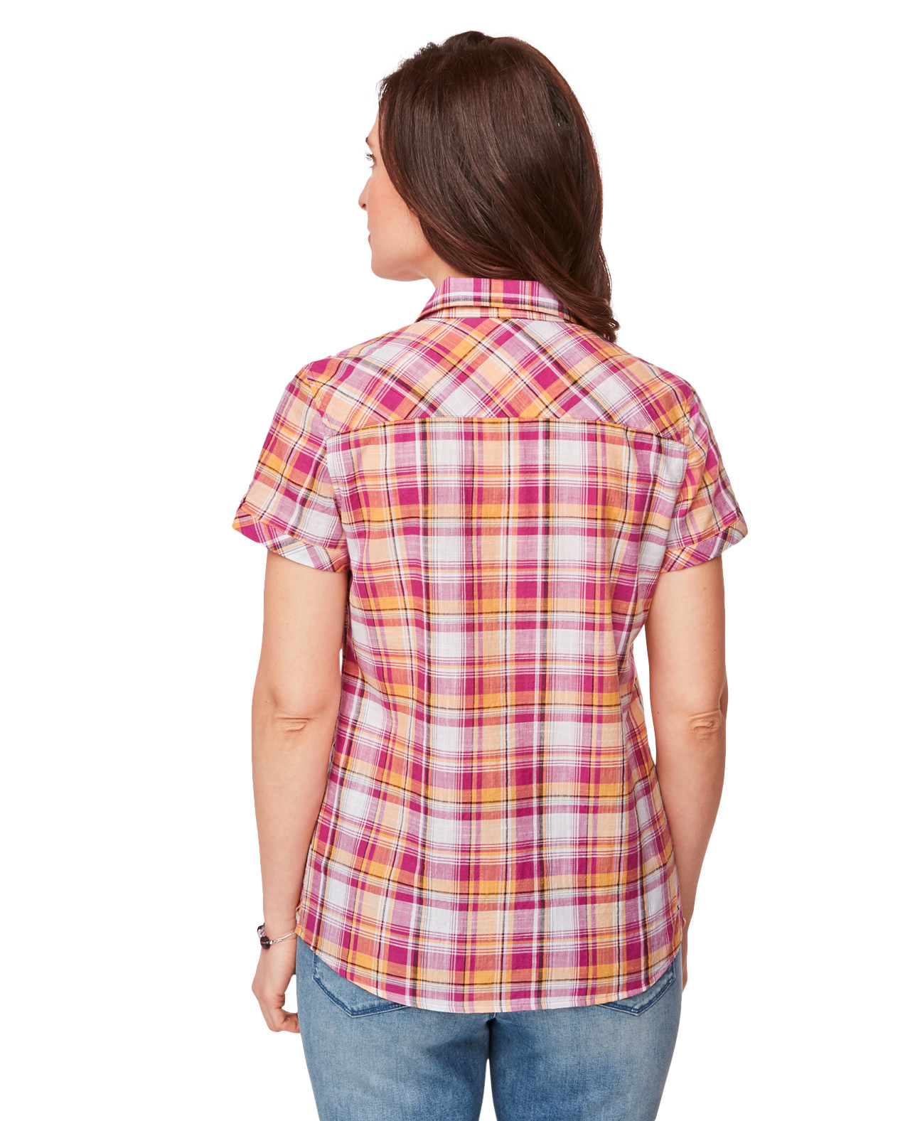 Women's Short Sleeve Button Down in Pink and Orange Plaid