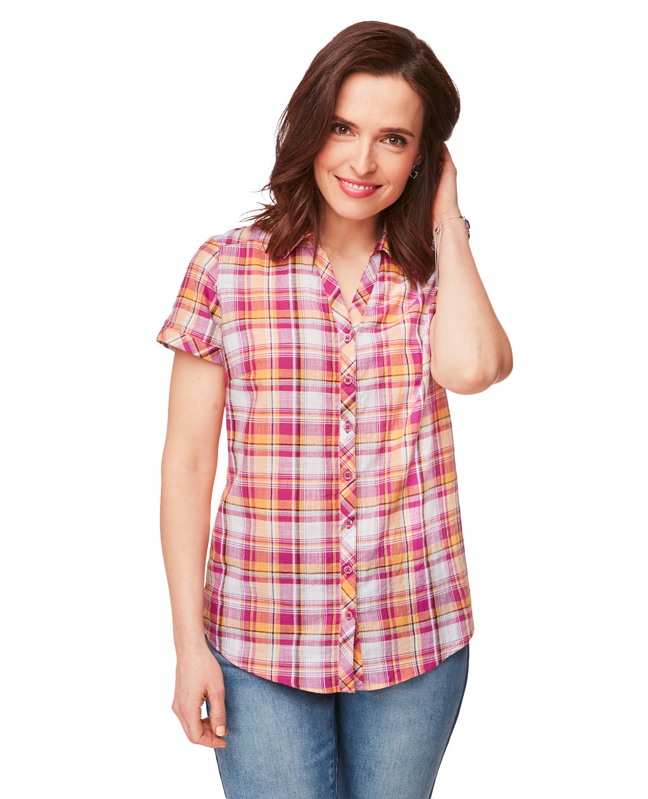 Women's Short Sleeve Button Down in Pink and Orange Plaid